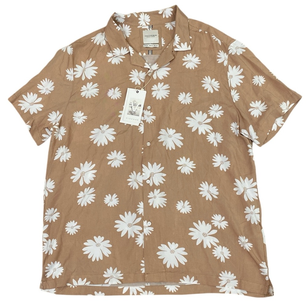 Beige Floral Daisy short sleeve Casual button down camp shirt
